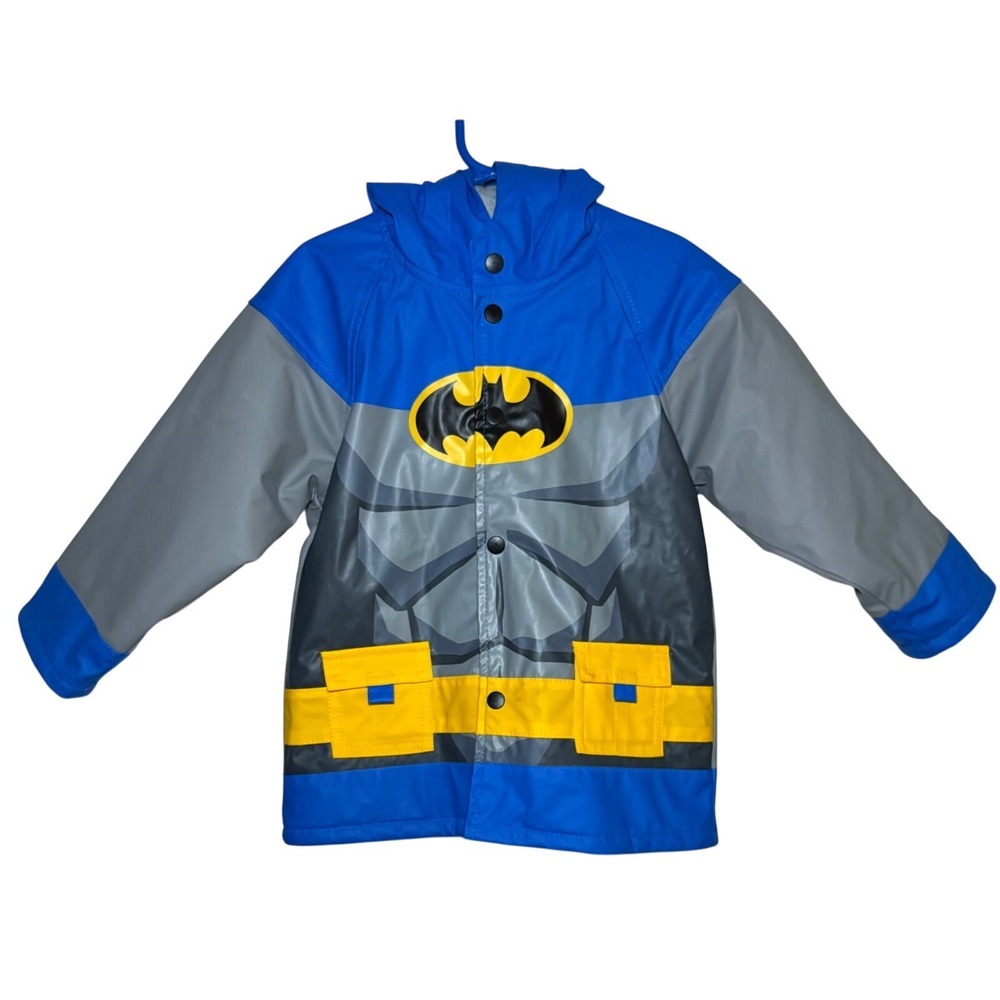Western Chief Batman Rain Jacket Blue Grey Toddler 3T Hooded Fleece Lined